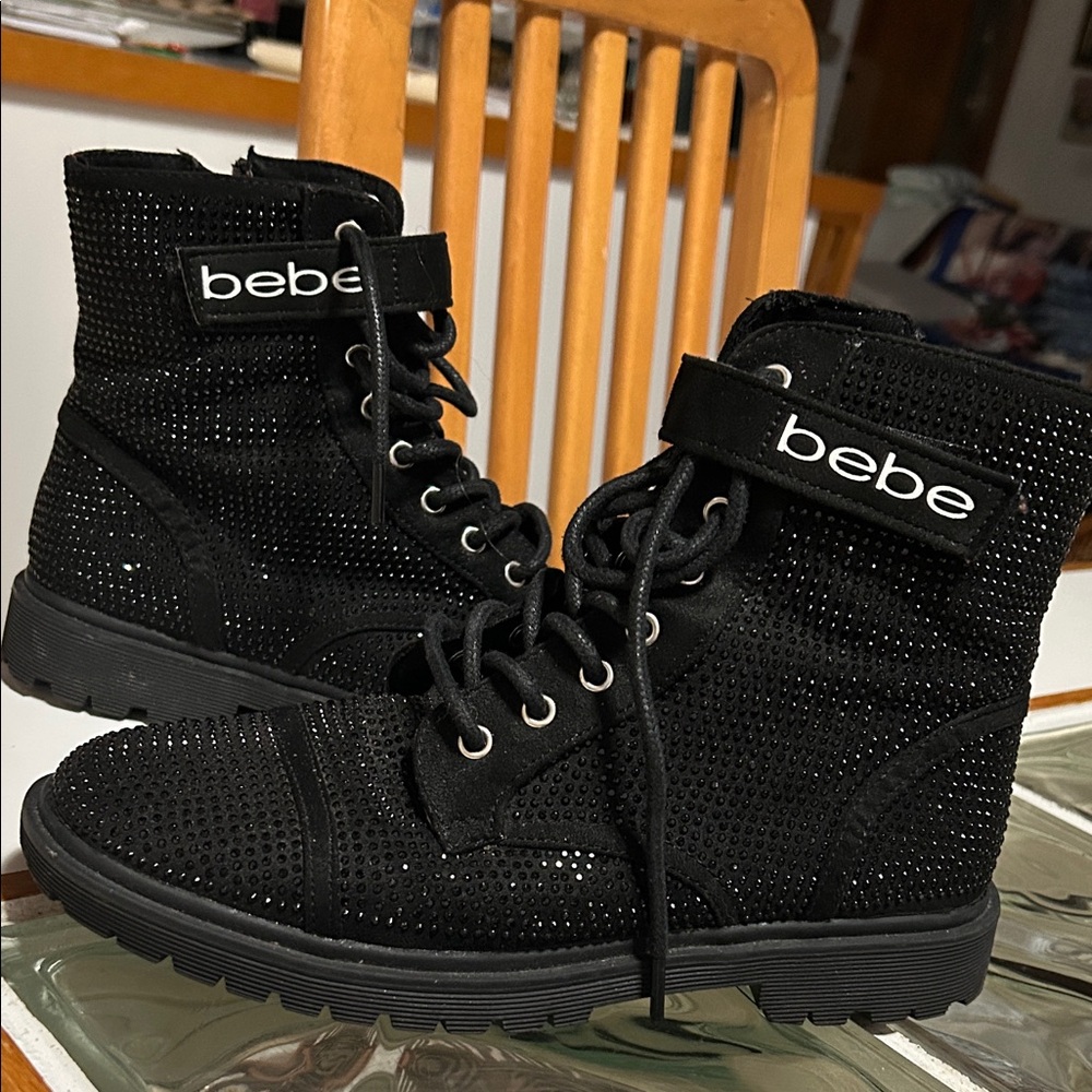 Bebe Black sparkly Combat Boots size 8